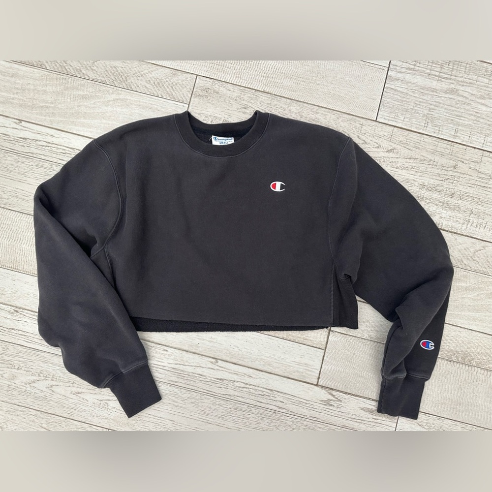 Champion Reverse Weave Cropped Sweatshirt Womens S‎ Small Washed Black LS LOGO